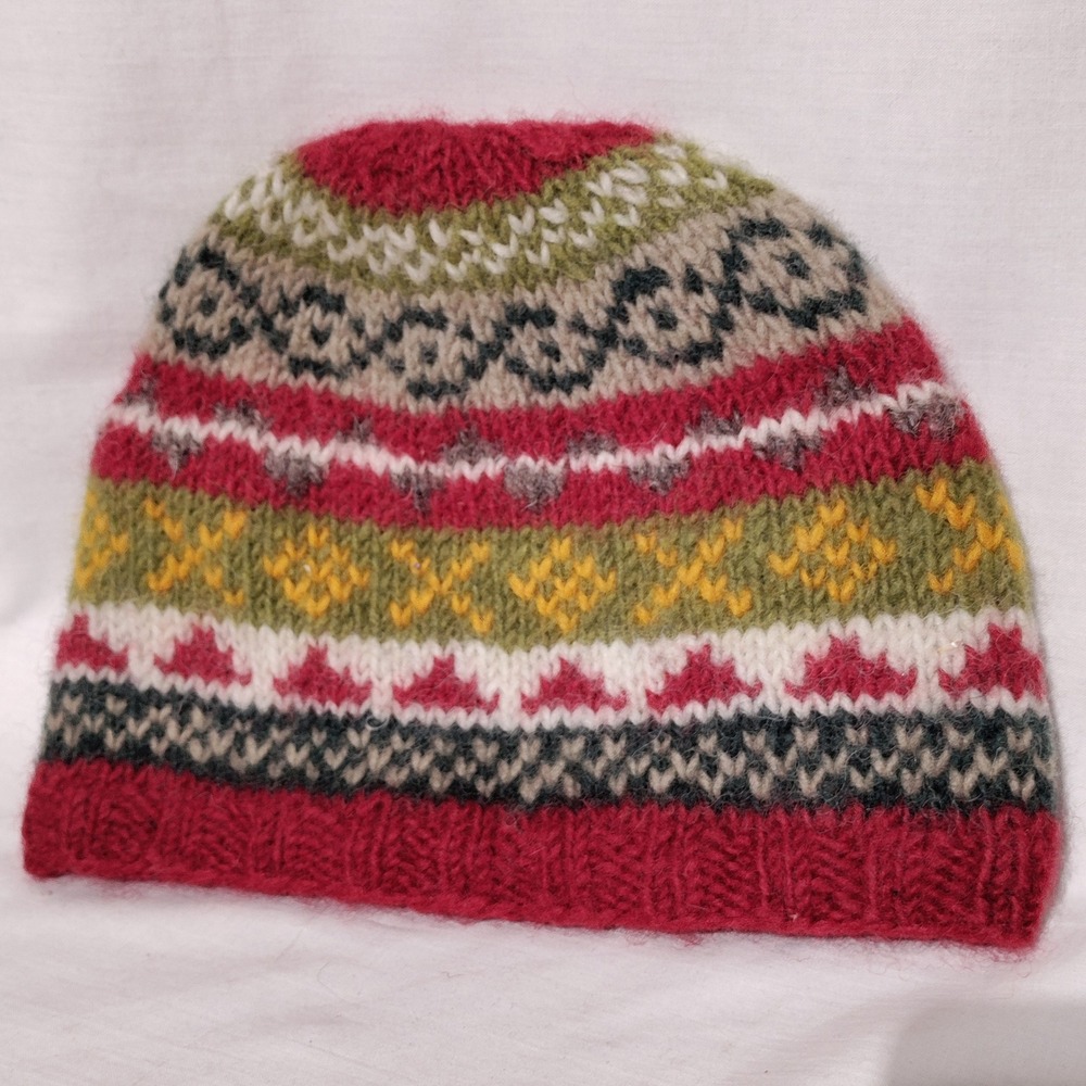 Pachamama Hand Knitted Wool Beanie Fair Isle Fleece Lined Winter Hat Multicolor